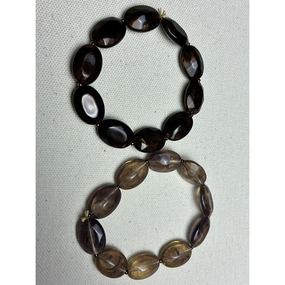Vintage Marbled Lucite Acrylic Stretch Bracelet Set Brown Amber Purple Beads